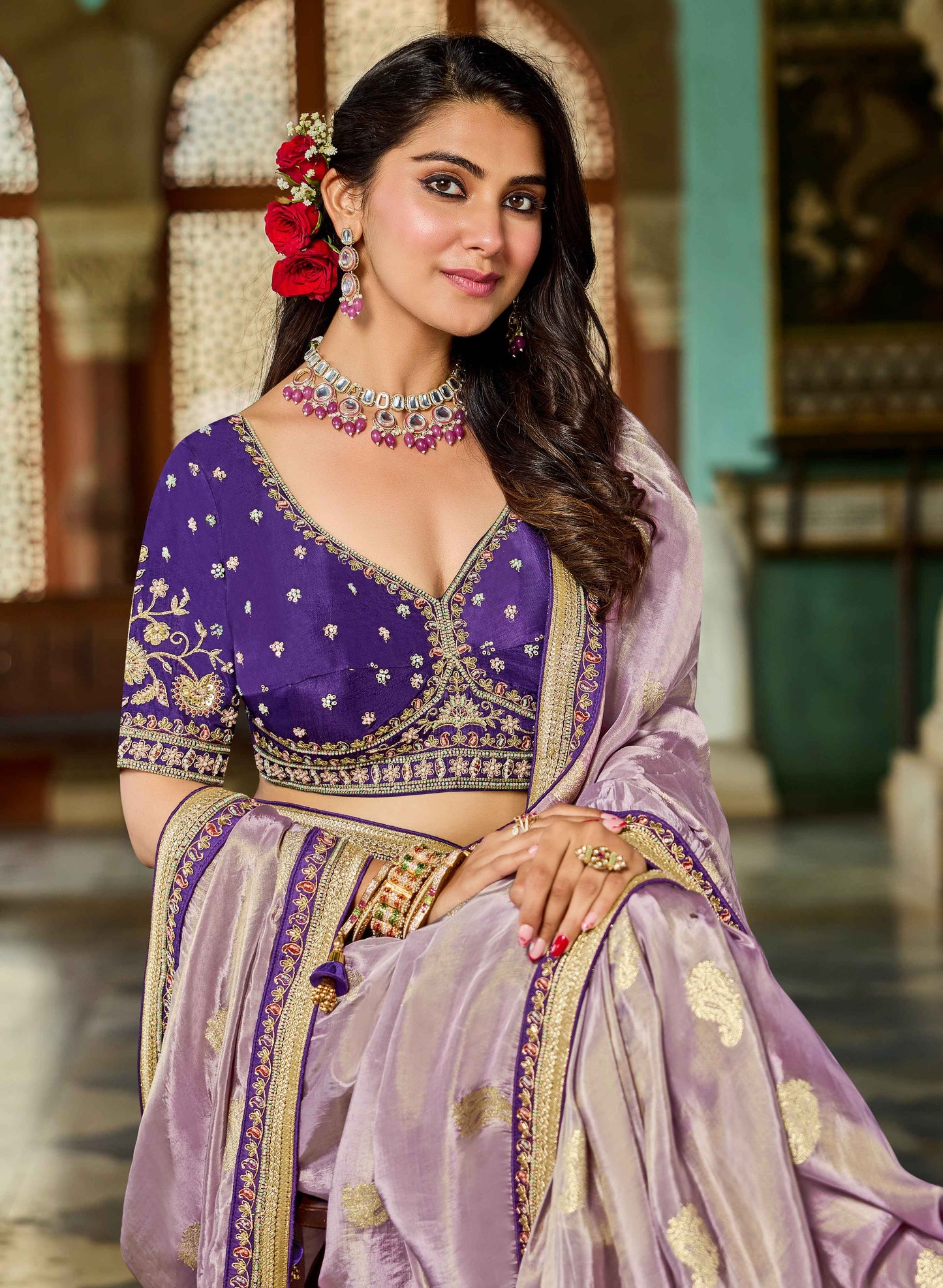 Lavender Viscose Saree with bead work 6122