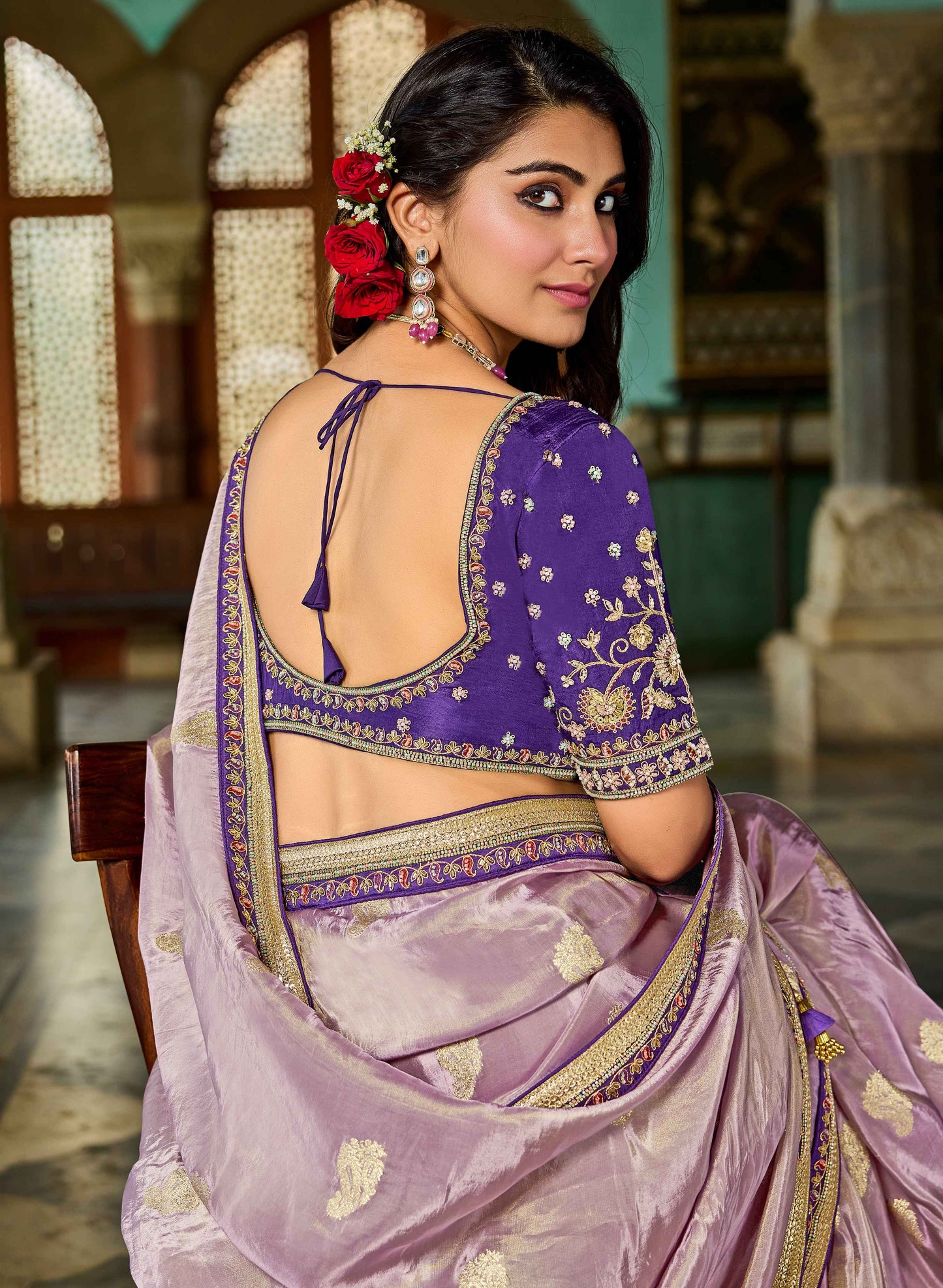 Lavender Viscose Saree with bead work 6122