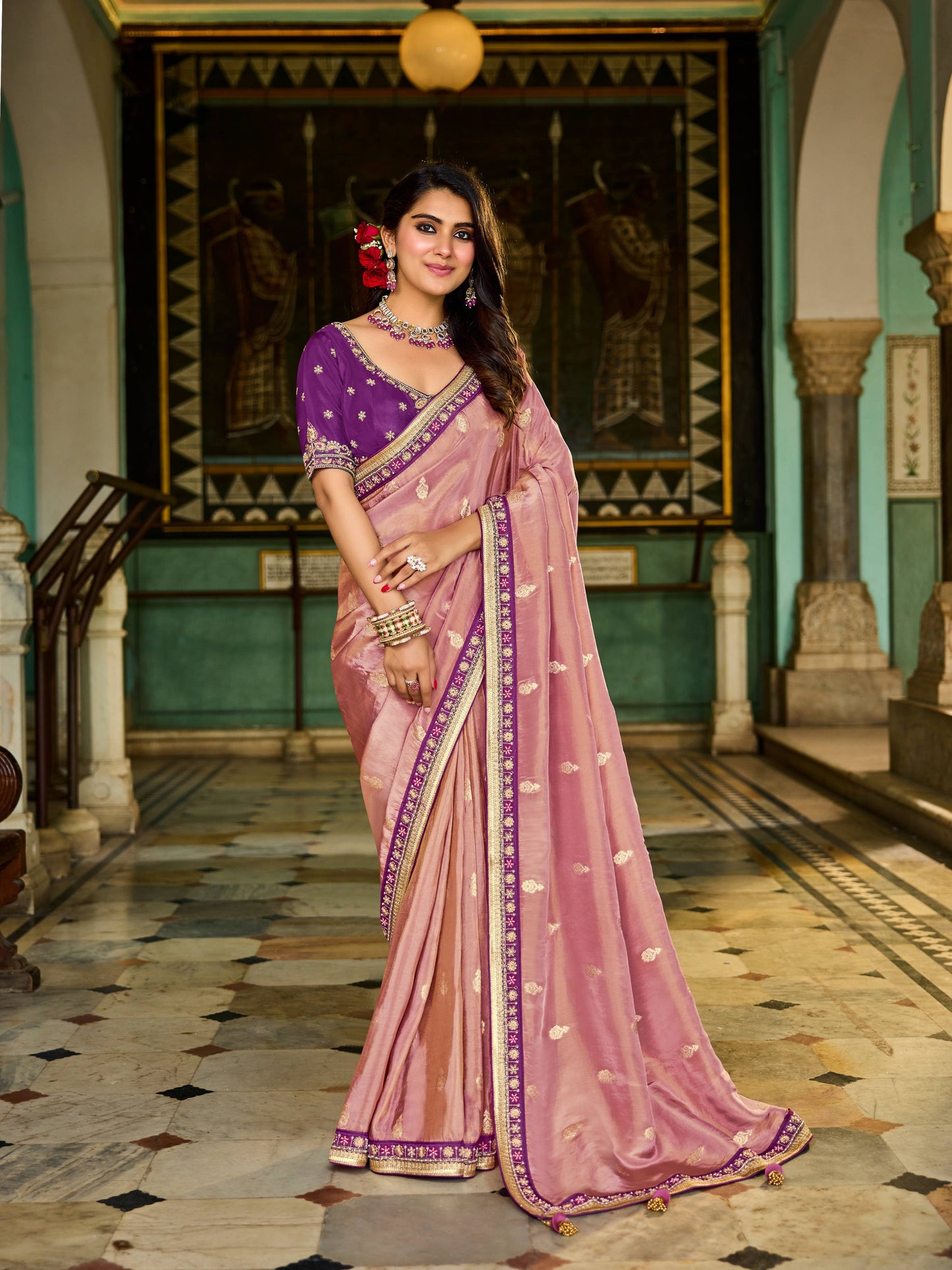 Pink Viscose Saree with bead work 6123