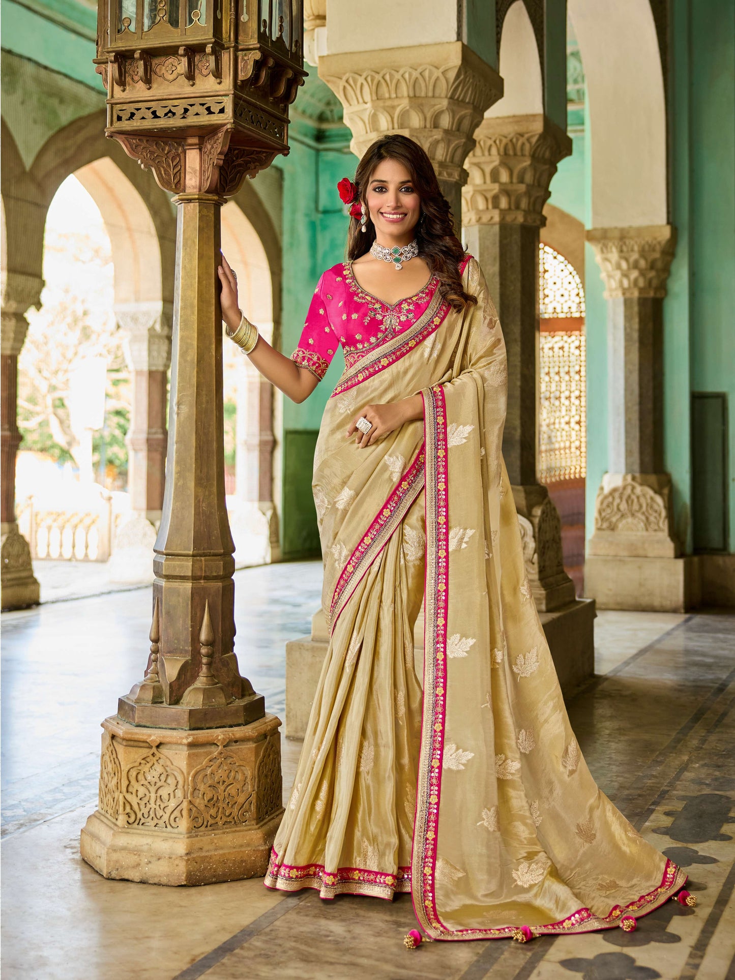 Beige golden Viscose Saree with bead work 6124