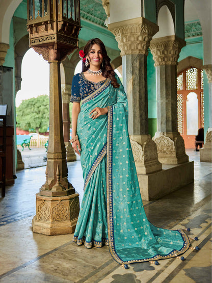 Turquoise blue Viscose Saree with bead work 6125