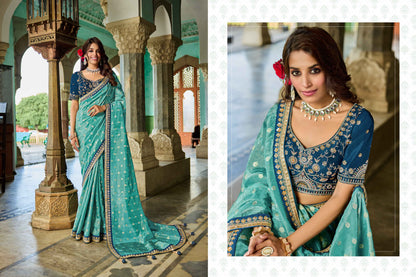 Turquoise blue Viscose Saree with bead work 6125