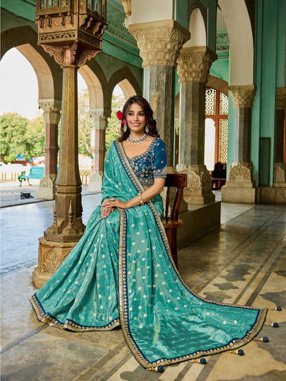 Turquoise blue Viscose Saree with bead work 6125