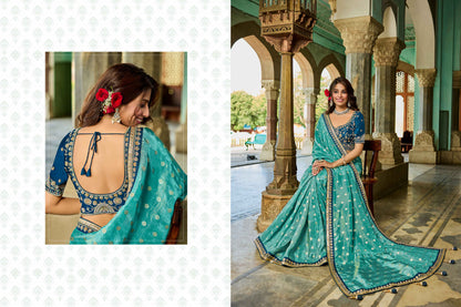 Turquoise blue Viscose Saree with bead work 6125