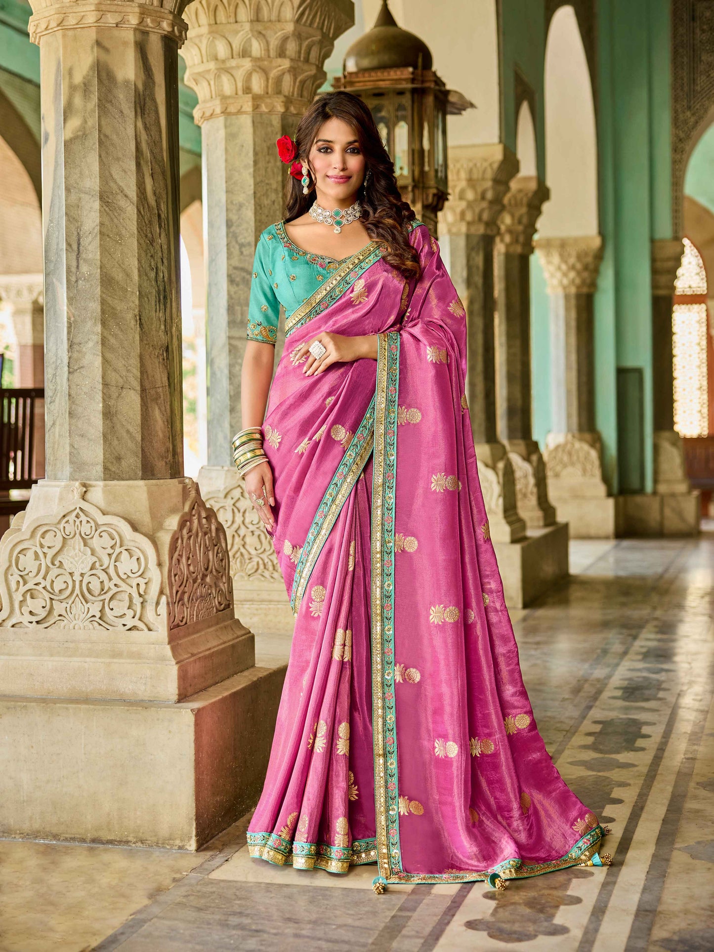 Pink Viscose Saree with bead work 6126