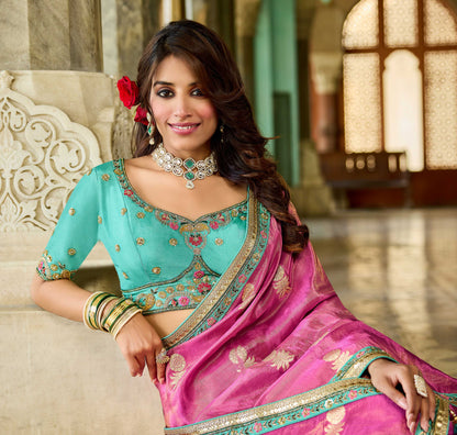 Pink Viscose Saree with bead work 6126