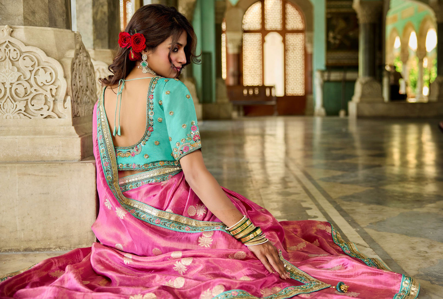 Pink Viscose Saree with bead work 6126