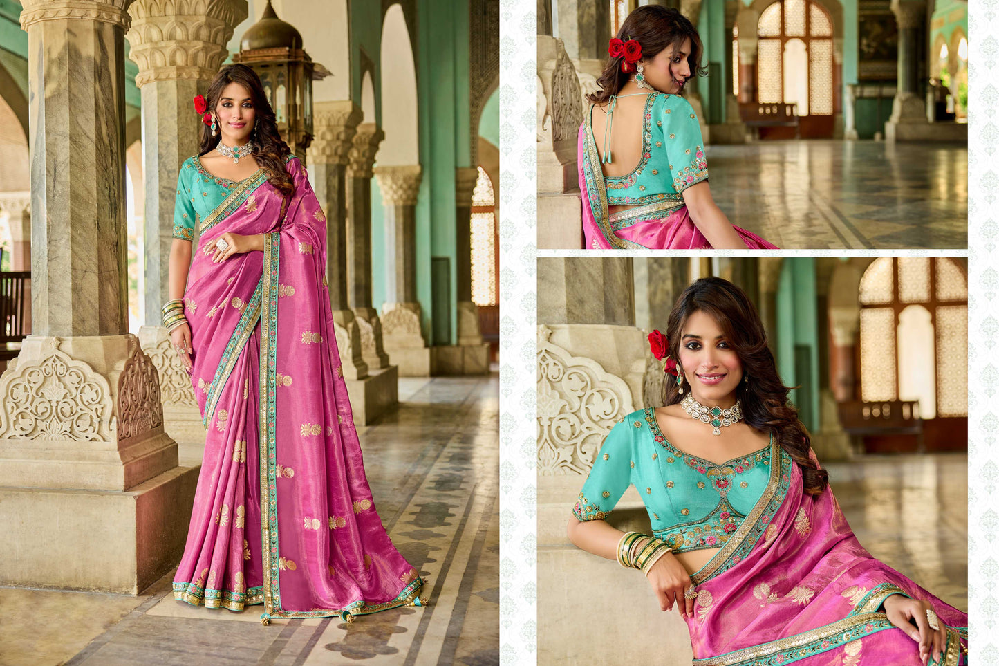 Pink Viscose Saree with bead work 6126