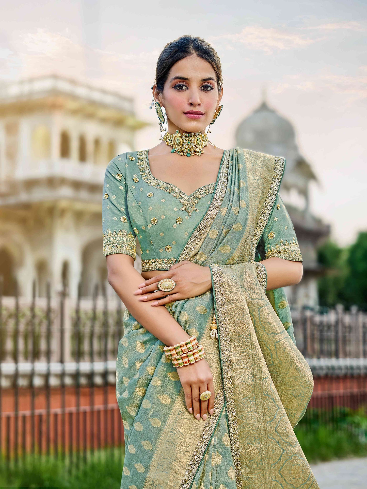Green Viscose Saree with bead work 6127