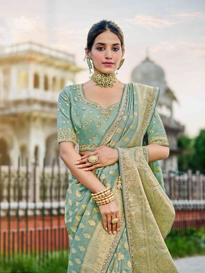 Green Viscose Saree with bead work 6127