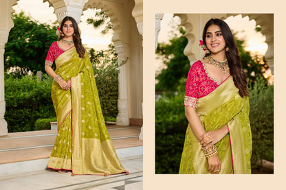 Green pink Haldi Mehendi Viscose Saree with bead work 6128
