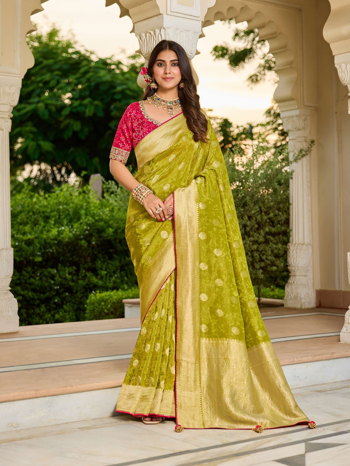 Green pink Haldi Mehendi Viscose Saree with bead work 6128