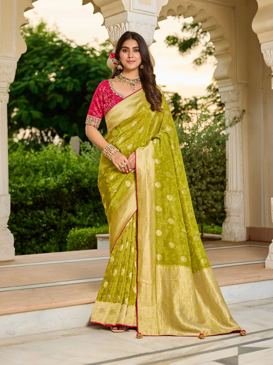 Green pink Haldi Mehendi Viscose Saree with bead work 6128