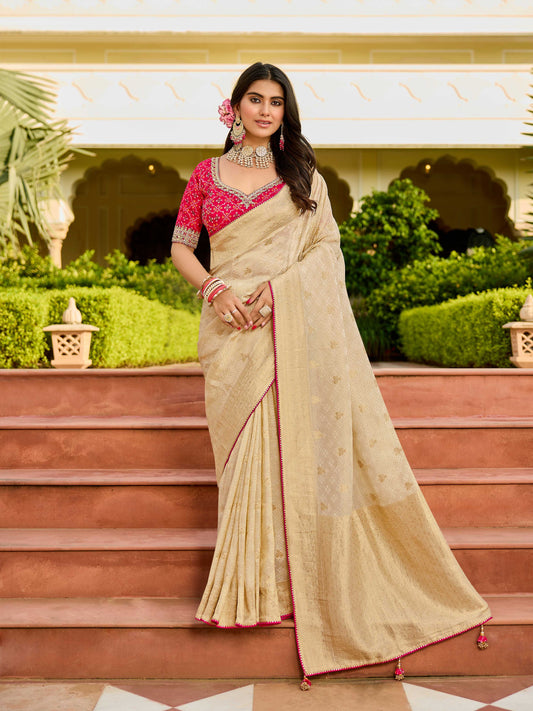 Beige Golden Viscose Saree with bead work 6129