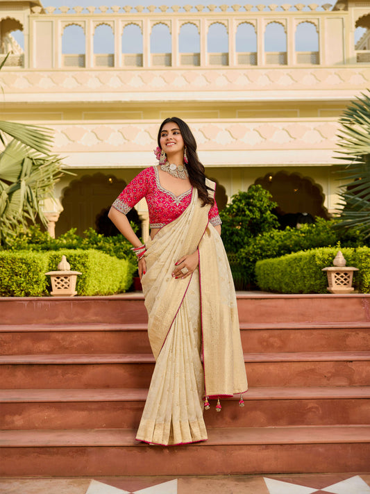 Beige Golden Viscose Saree with bead work 6129