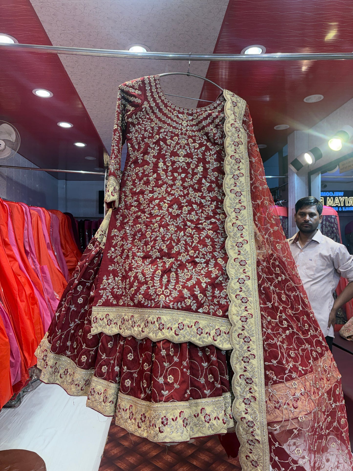 Elegant maroon farshi gharara zardozi dabka handwork peplum dress lehenga
