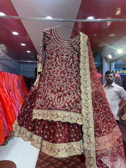 Elegant maroon farshi gharara zardozi dabka handwork peplum dress lehenga