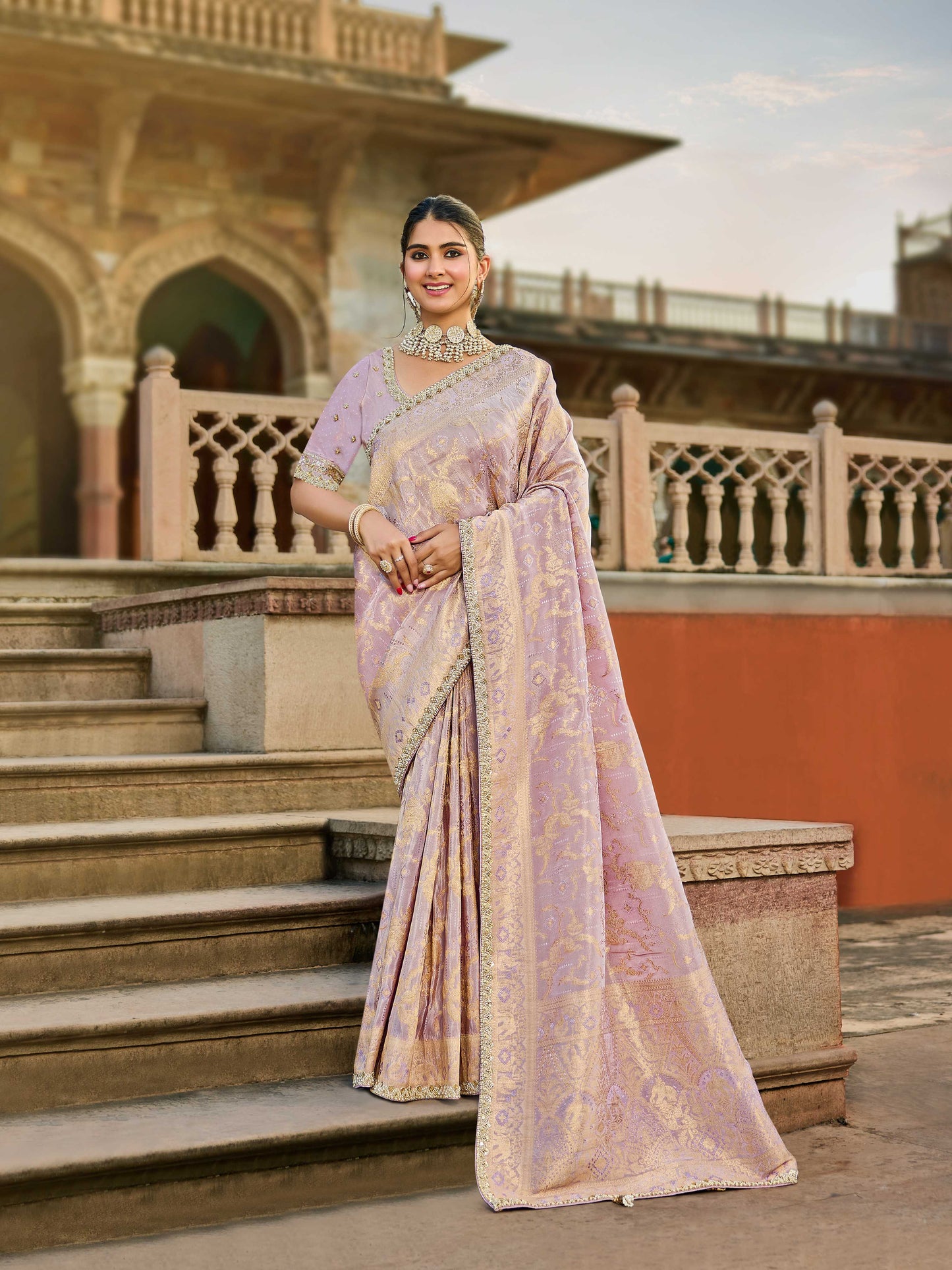 Pink Viscose Saree with bead work 6172