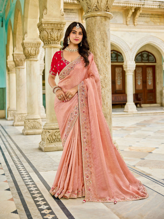 Pink peach Viscose Saree with bead work 6182