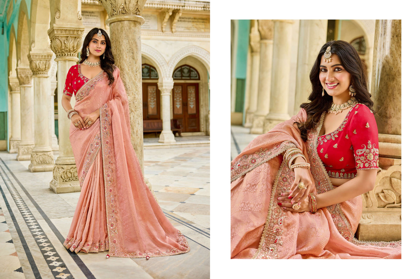 Pink peach Viscose Saree with bead work 6182