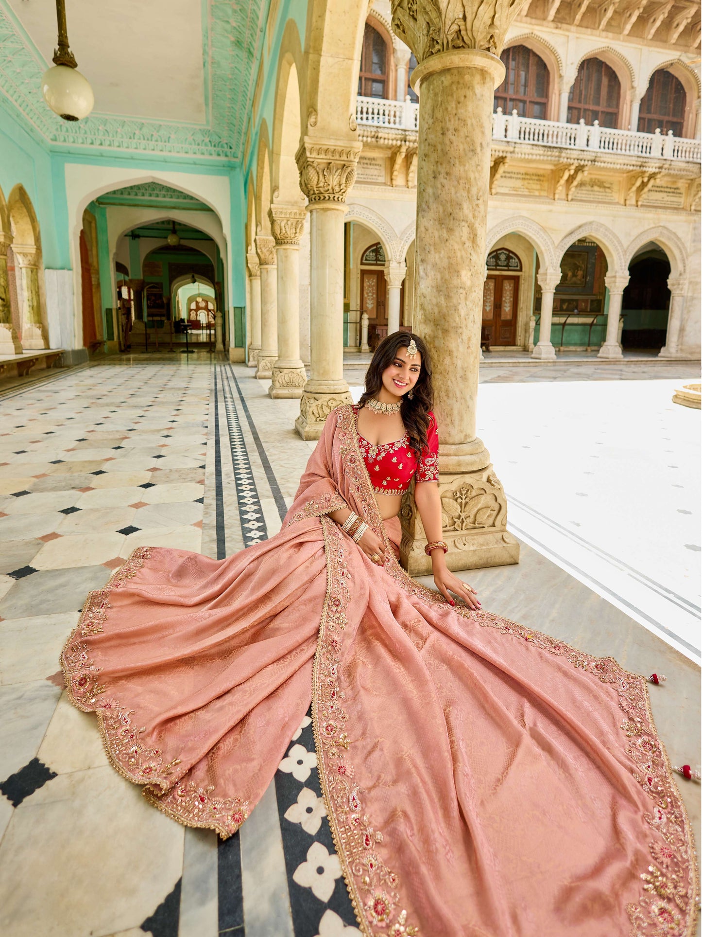 Pink peach Viscose Saree with bead work 6182
