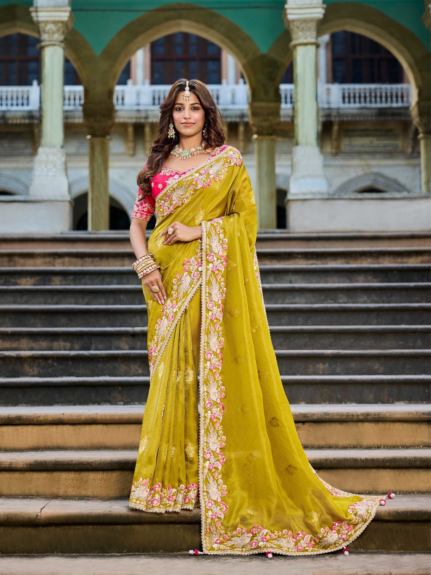Yellow Haldi mehendi Viscose Saree with bead work 6183