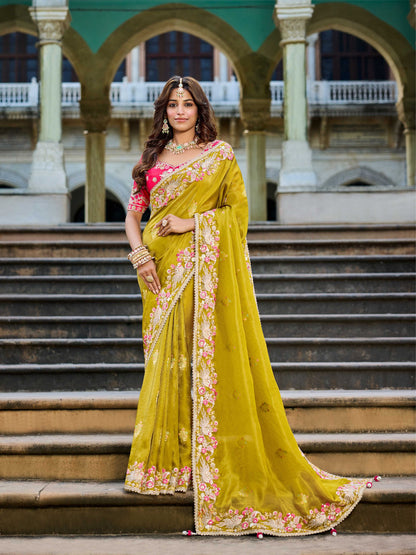 Yellow Haldi mehendi Viscose Saree with bead work 6183
