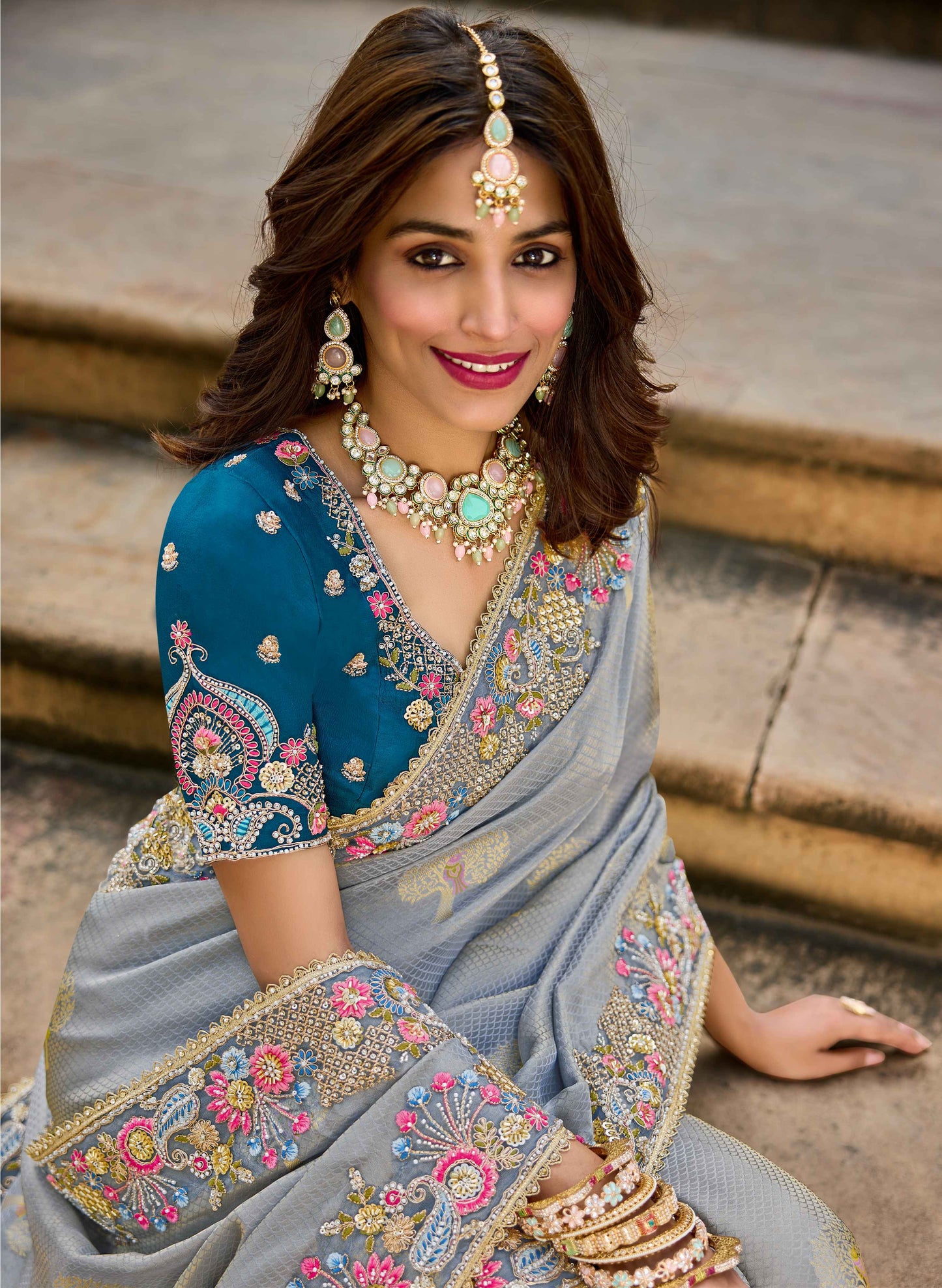 Blue Viscose Saree with bead work 6184