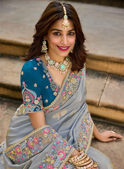 Blue Viscose Saree with bead work 6184