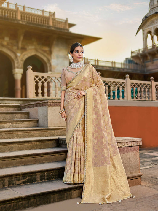 Beige Golden Viscose Saree with bead work 6186