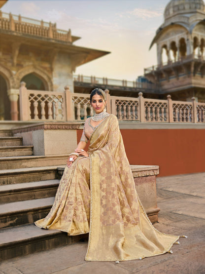 Beige Golden Viscose Saree with bead work 6186