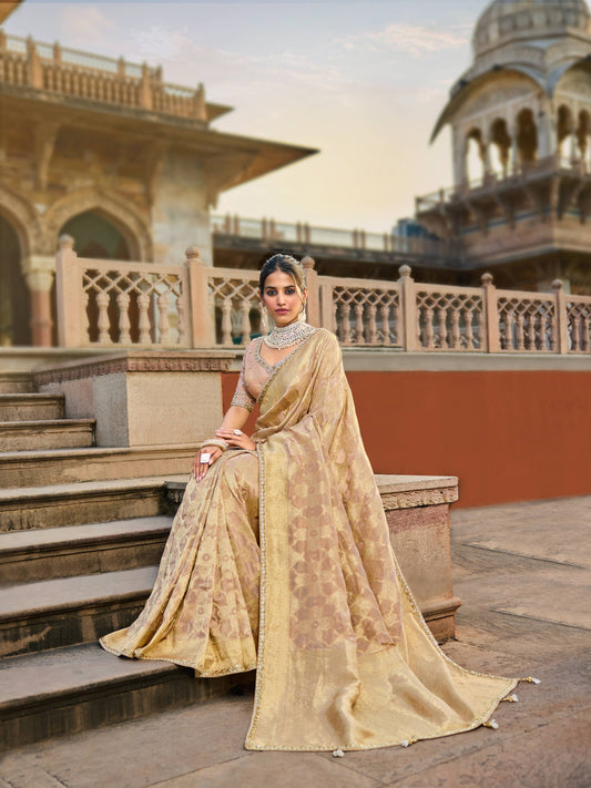 Beige Golden Viscose Saree with bead work 6186