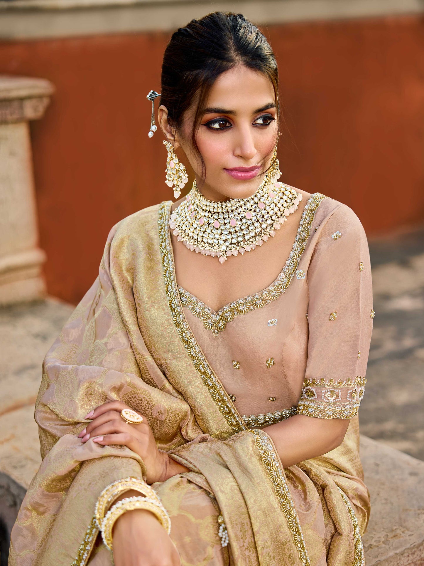 Beige Golden Viscose Saree with bead work 6186