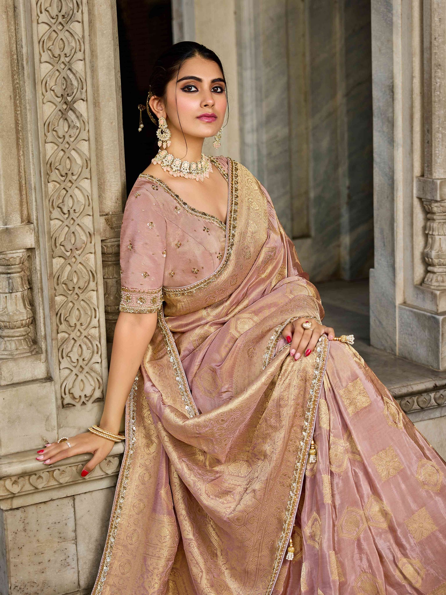 Pink Viscose Saree with bead work 6187