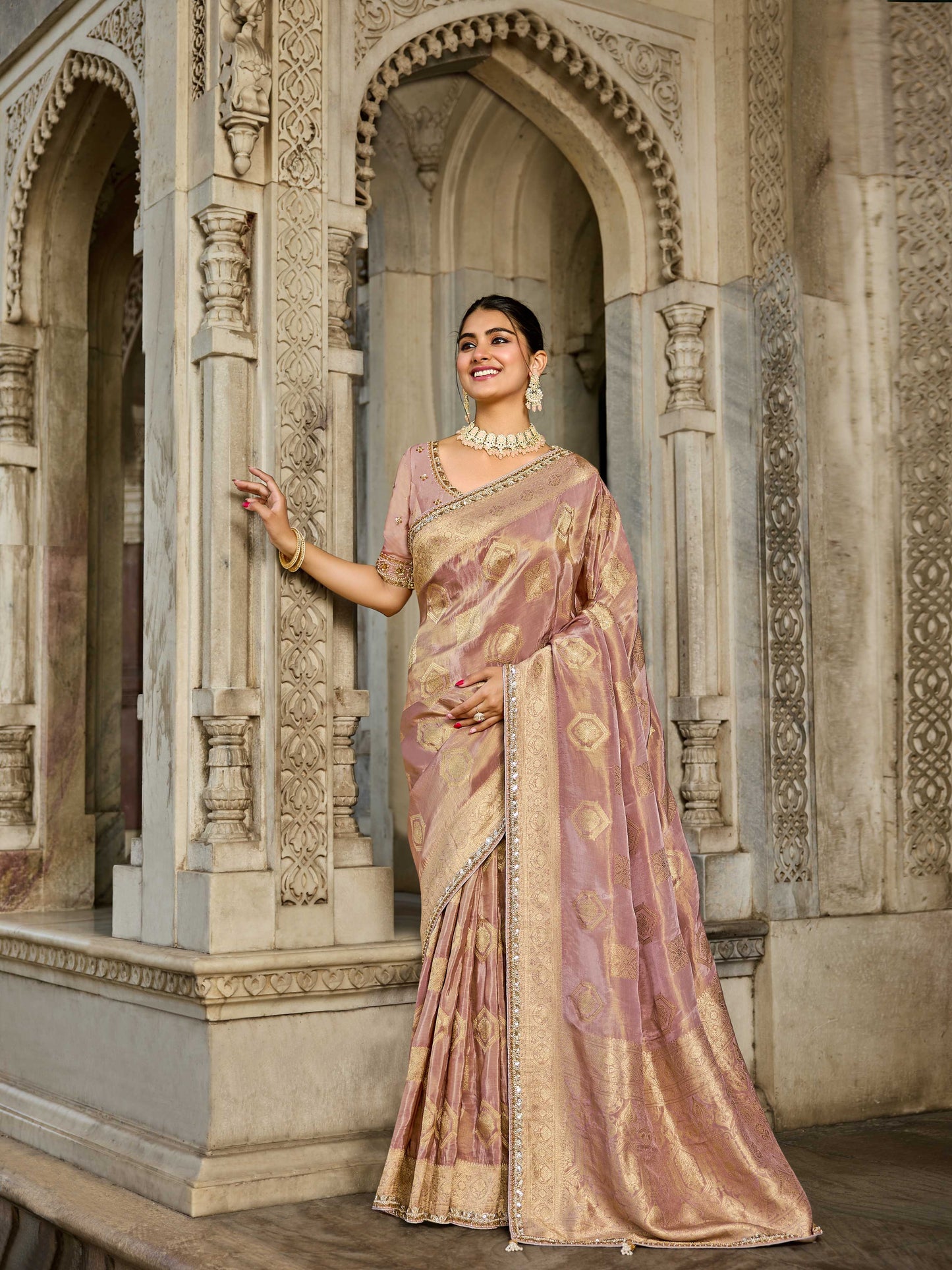 Pink Viscose Saree with bead work 6187