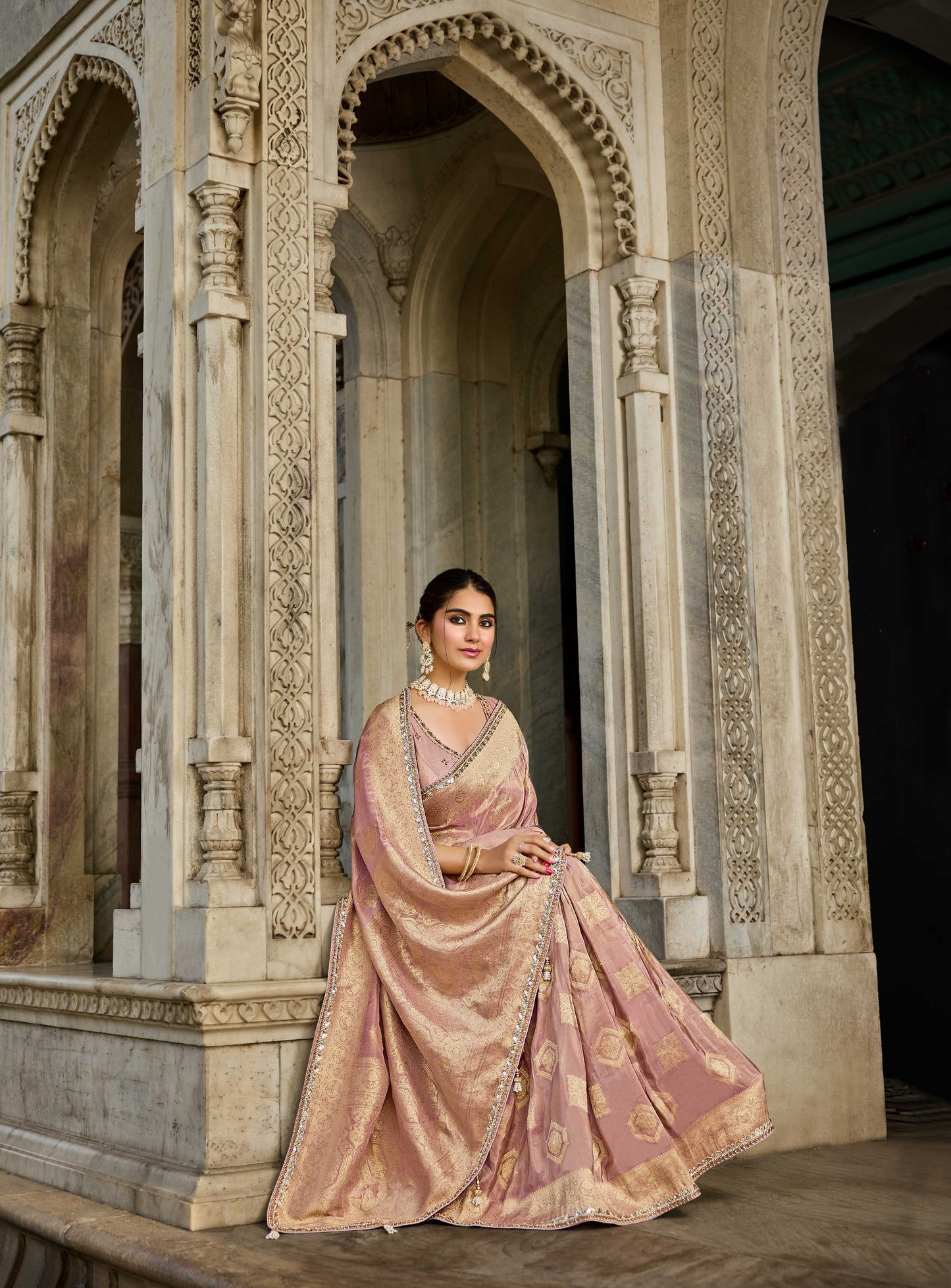 Pink Viscose Saree with bead work 6187