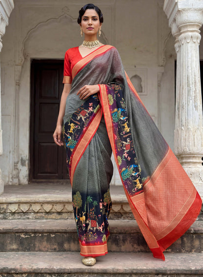 Rama green mustard yellow SILK PICHWAI PRINT Saree 6284 - Shopping World
