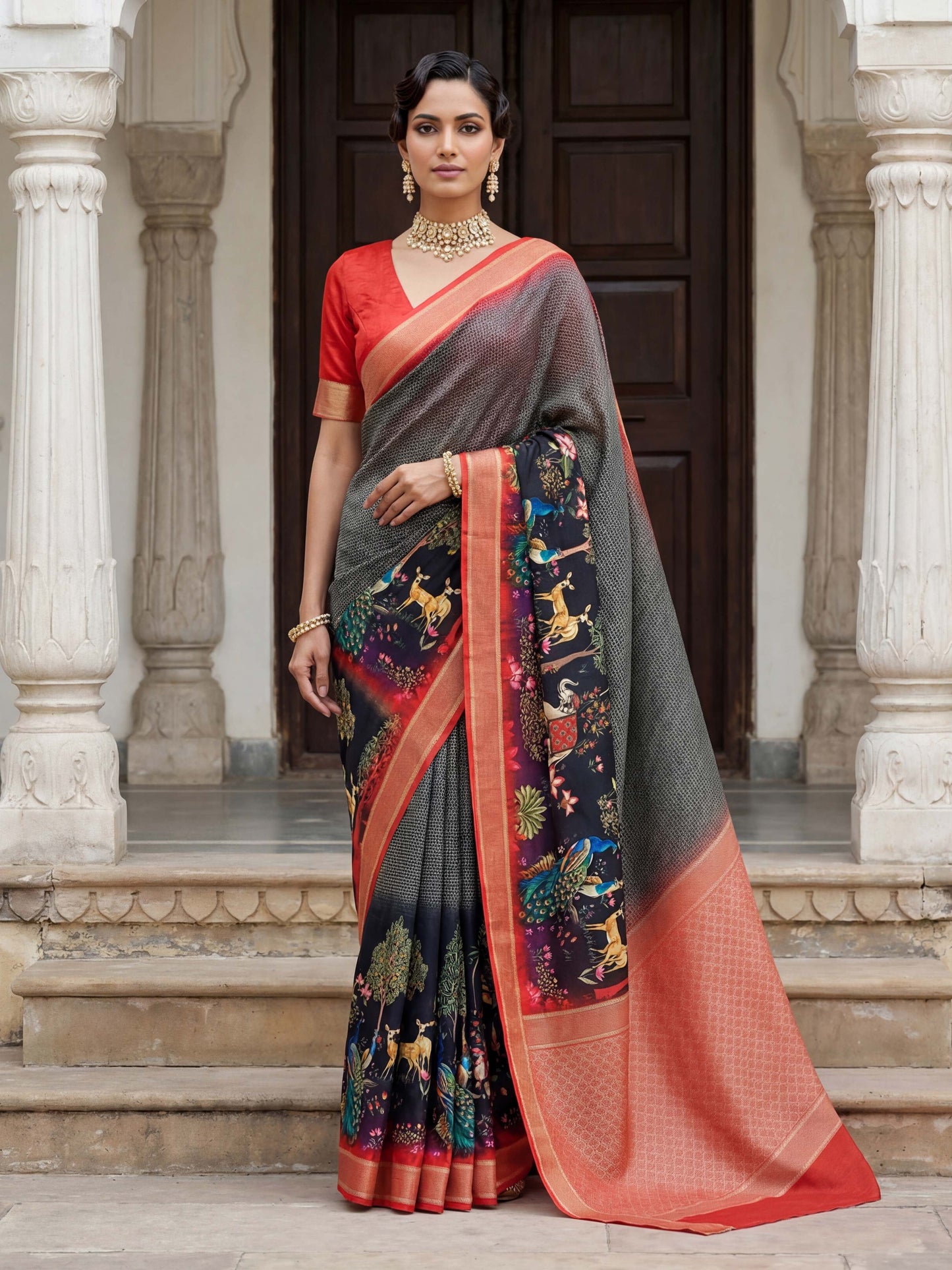 Rama green mustard yellow SILK PICHWAI PRINT Saree 6284 - Shopping World