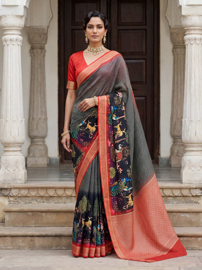 Rama green mustard yellow SILK PICHWAI PRINT Saree 6284 - Shopping World