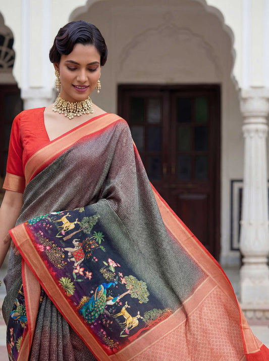 Rama green mustard yellow SILK PICHWAI PRINT Saree 6284 - Shopping World