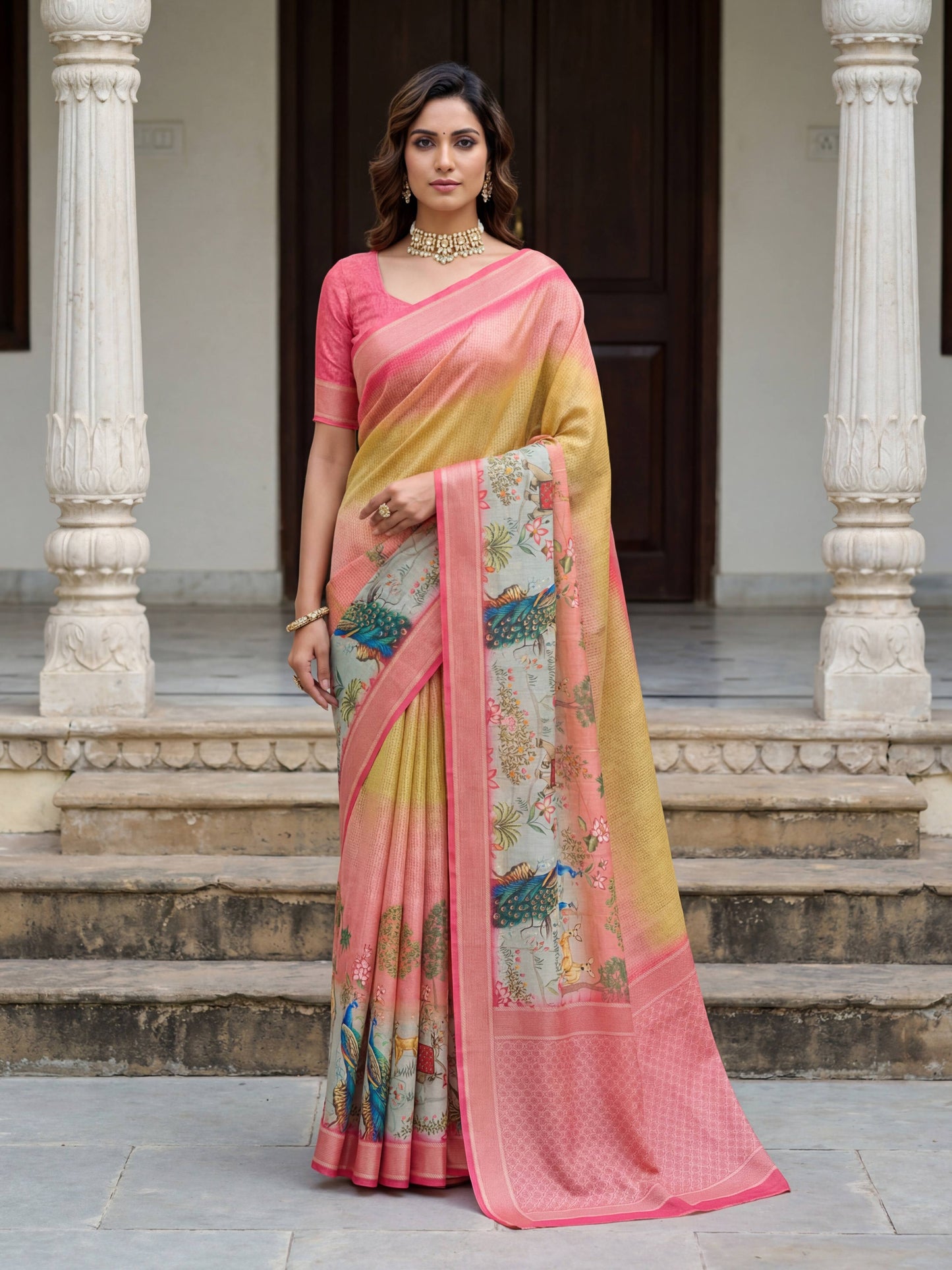 Rama green mustard yellow SILK PICHWAI PRINT Saree 6284 - Shopping World