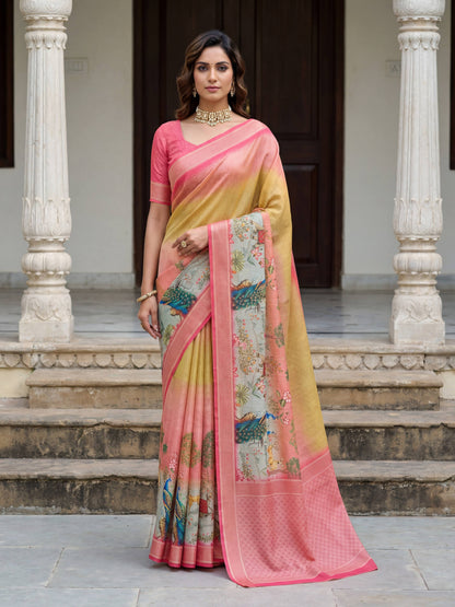 Rama green mustard yellow SILK PICHWAI PRINT Saree 6284 - Shopping World