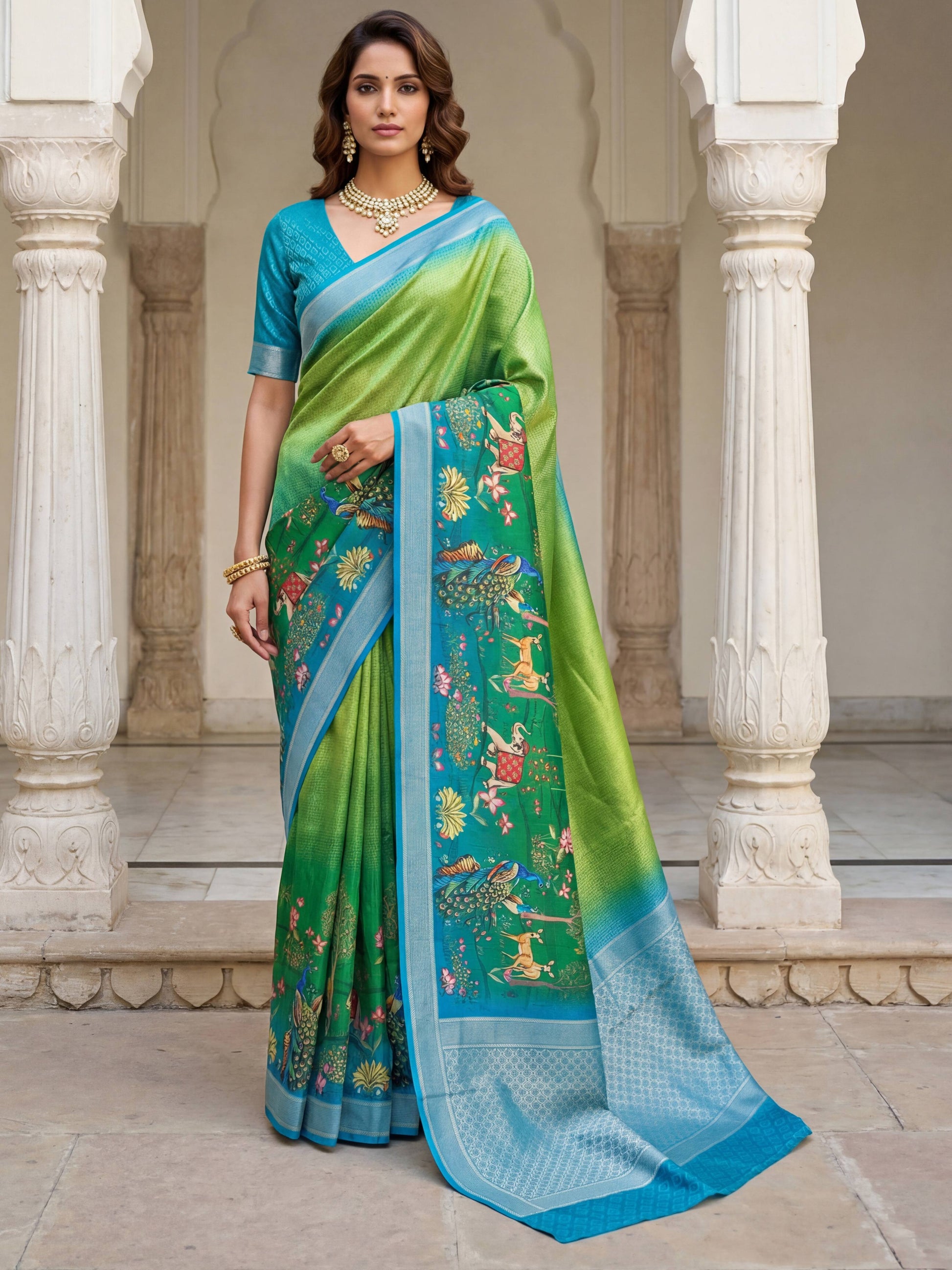 Rama green mustard yellow SILK PICHWAI PRINT Saree 6284 - Shopping World