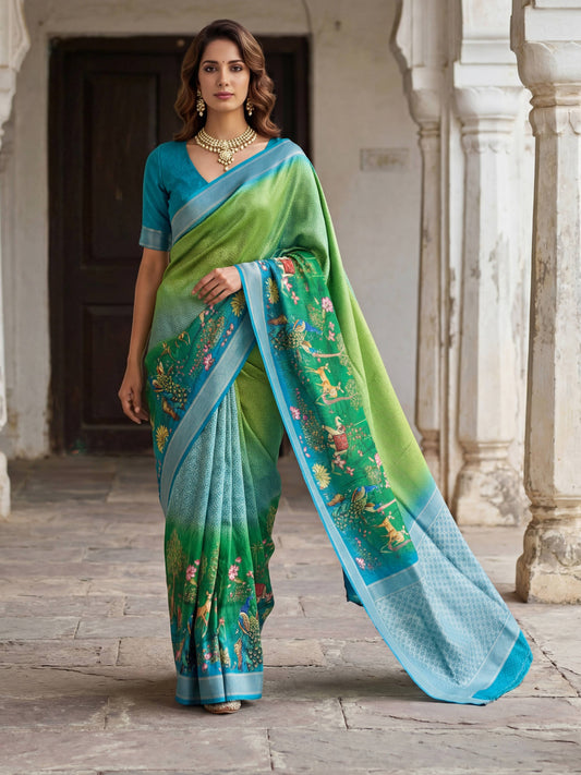 Rama green mustard yellow SILK PICHWAI PRINT Saree 6284 - Shopping World