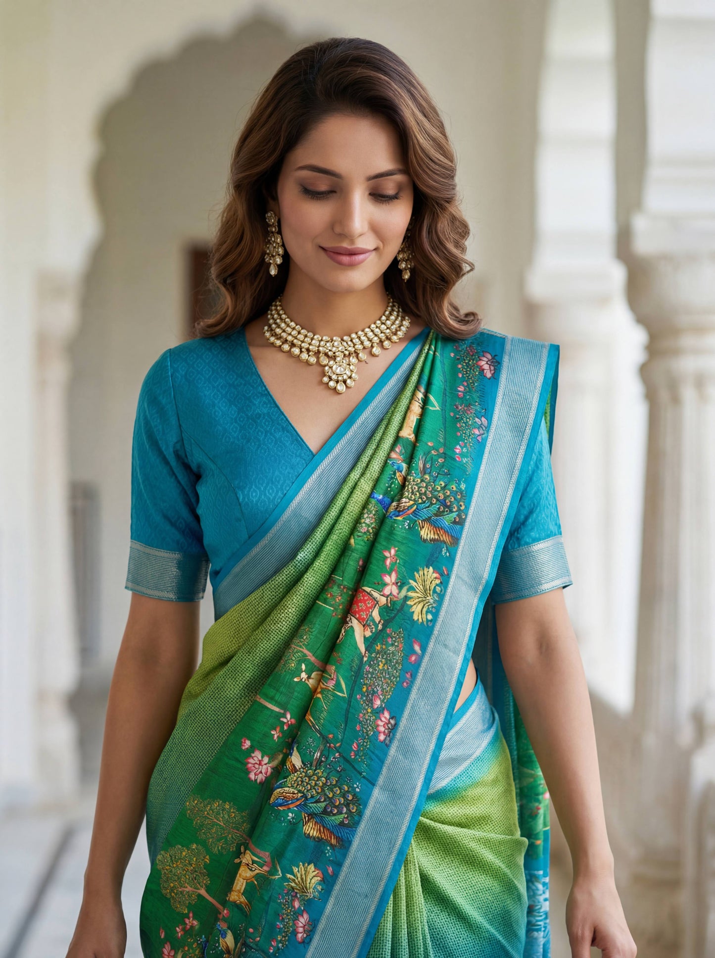 Rama green mustard yellow SILK PICHWAI PRINT Saree 6284 - Shopping World