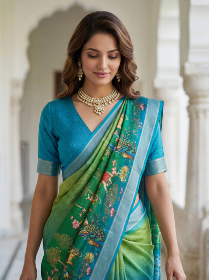 Rama green mustard yellow SILK PICHWAI PRINT Saree 6284 - Shopping World