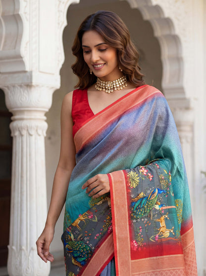 Rama green mustard yellow SILK PICHWAI PRINT Saree 6284 - Shopping World