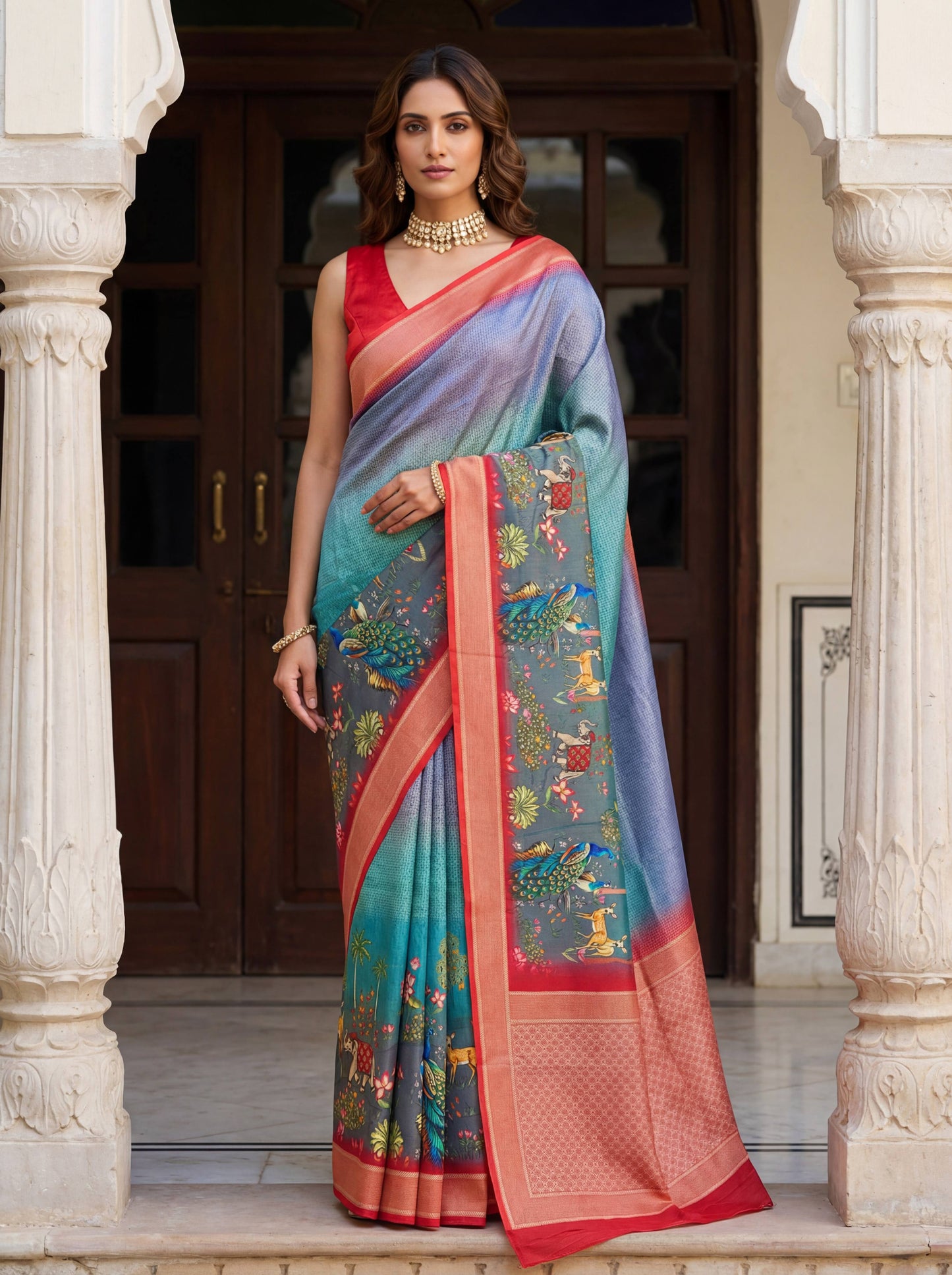 Rama green mustard yellow SILK PICHWAI PRINT Saree 6284 - Shopping World
