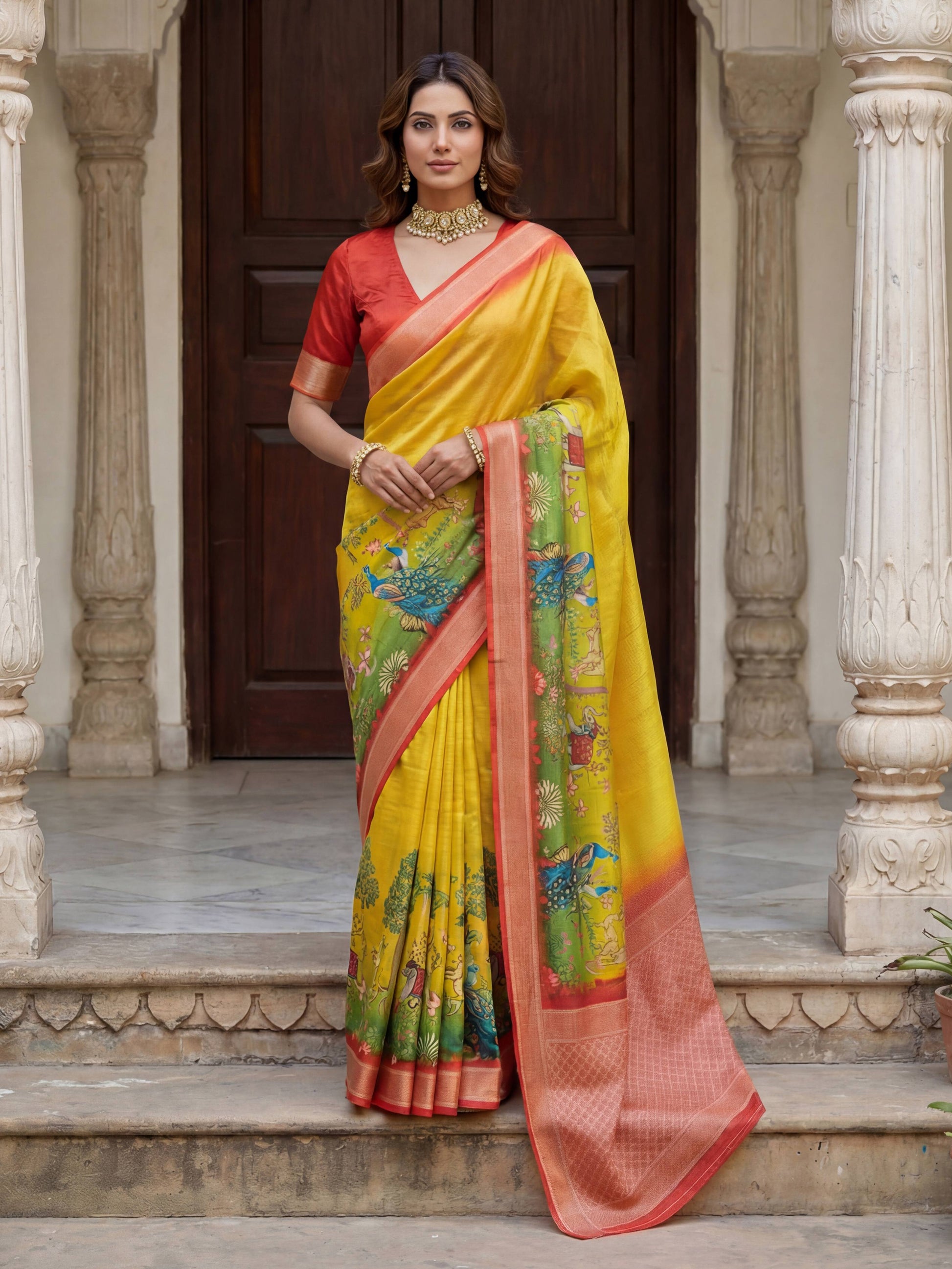 Rama green mustard yellow SILK PICHWAI PRINT Saree 6284 - Shopping World