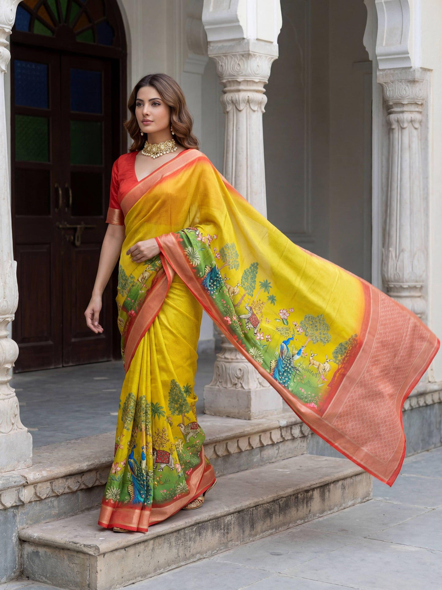 Rama green mustard yellow SILK PICHWAI PRINT Saree 6284 - Shopping World